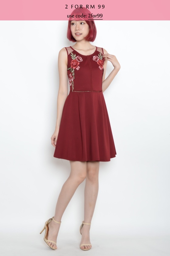 Thora Floral Skater Dress - Wine