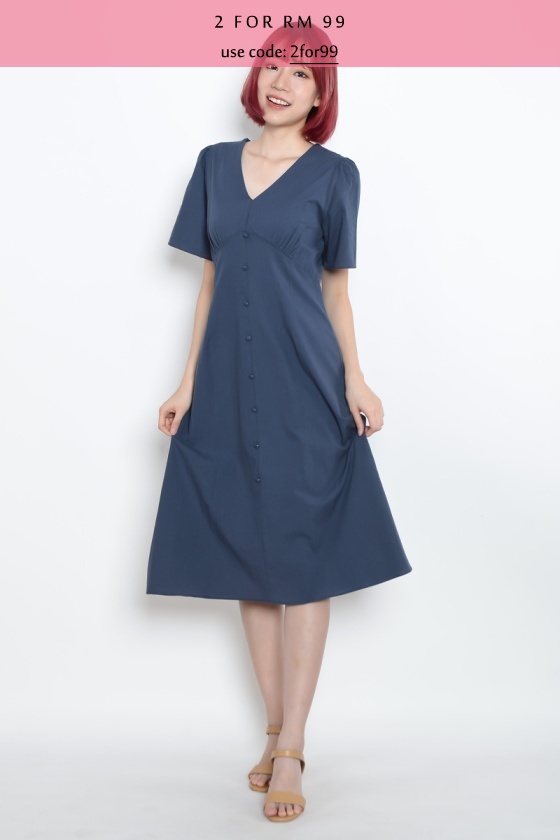 Alexandra V Neck Midi Dress - Blue