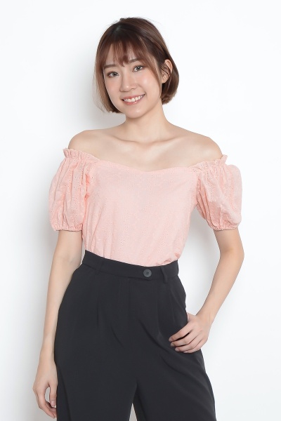 Elena Eyelet Puff Sleeve Top - Pink