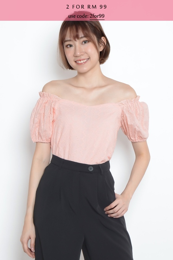 Elena Eyelet Puff Sleeve Top - Pink