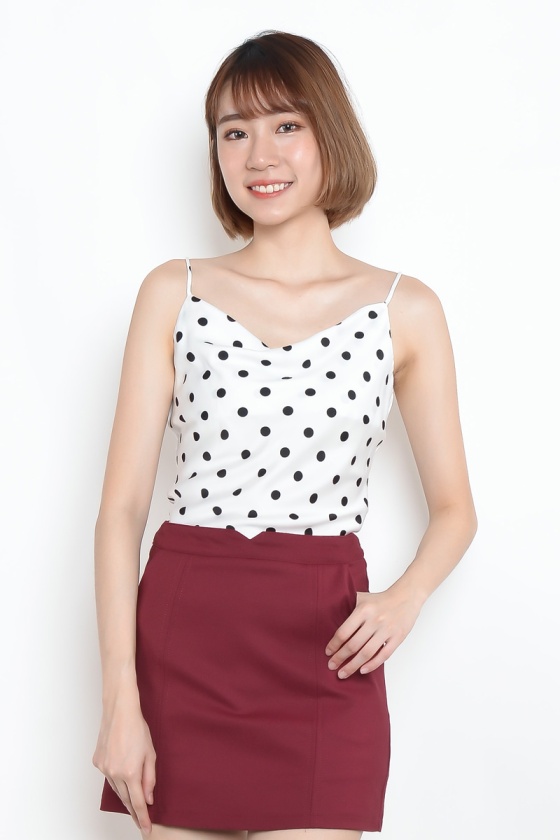 Chin Cowl Neck Polka Dot Camisole - White