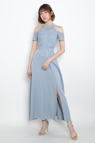 Linsey Cold Shoulder Lace Dress - Ash Blue