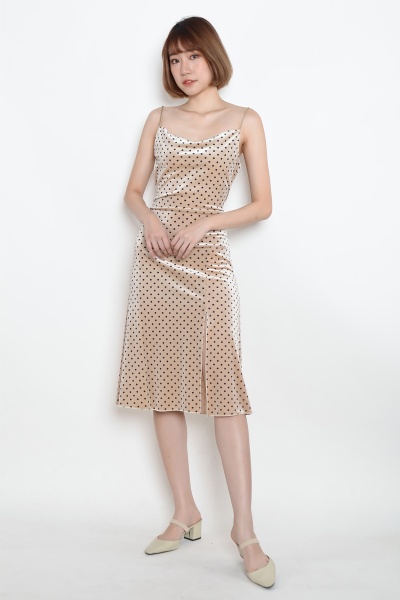 Felicia Cowl Neck Polka Dot Dress - Beige