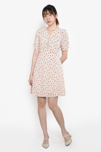 Saundra Cinched Floral Dress - Beige