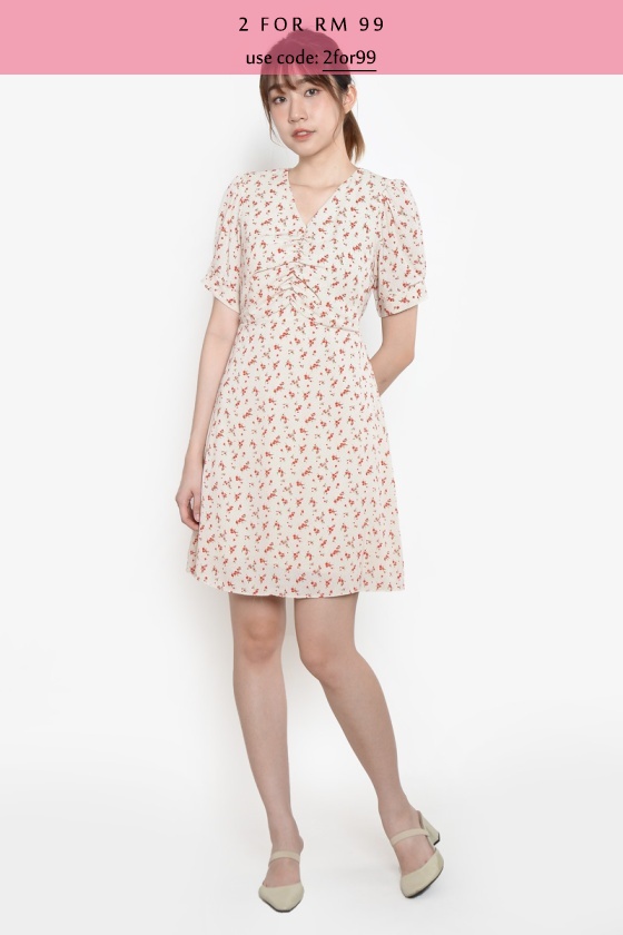 Saundra Cinched Floral Dress - Beige