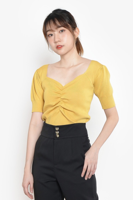 Tracy V Neck Knitted Top - Mustard