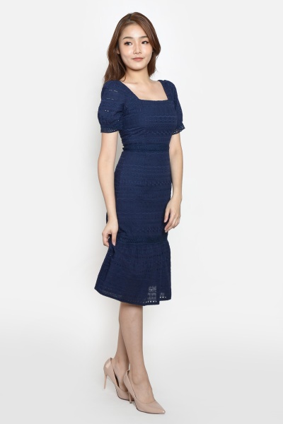 Delmy Eyelet Mermaid Dress - Dark Blue