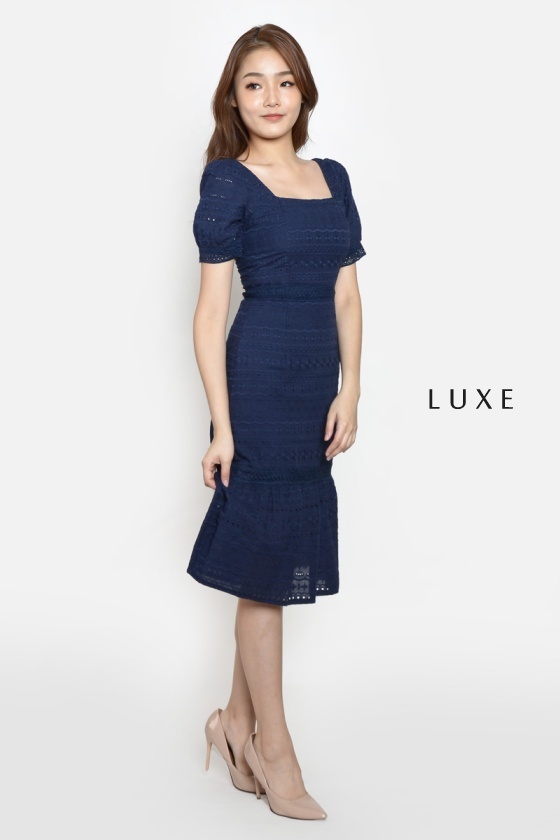 Delmy Eyelet Mermaid Dress - Dark Blue
