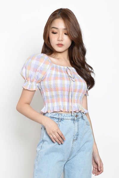 Nita Gingham Smocked Top - Peach