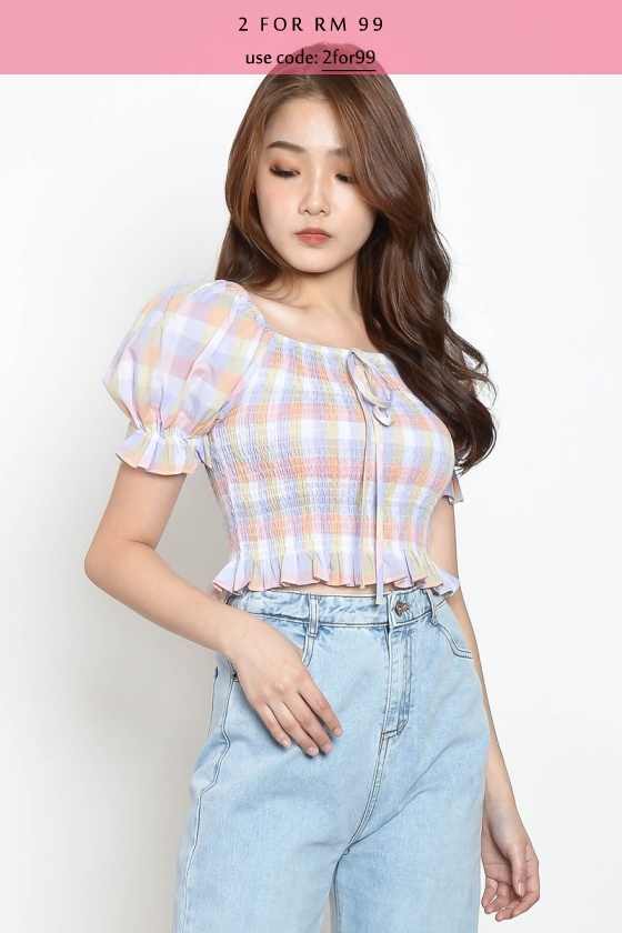 Nita Gingham Smocked Top - Peach