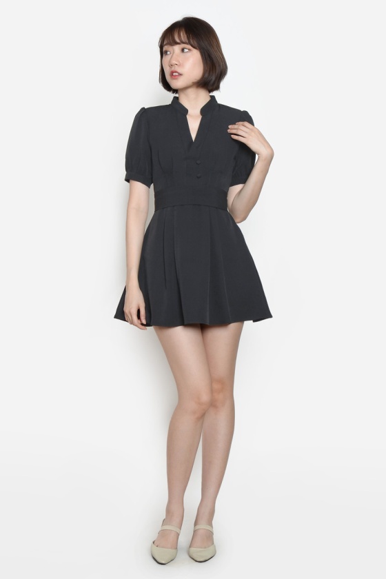 Emilie V-Neck Flare Playsuit - Black