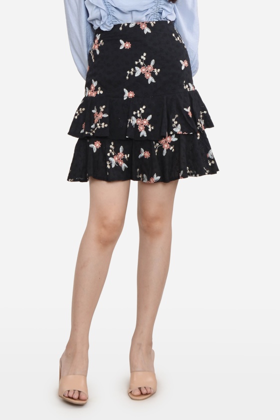 Marsha Floral Layered Skirt - Black