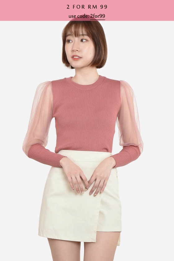 Alverta Puff Mesh Top - Pink