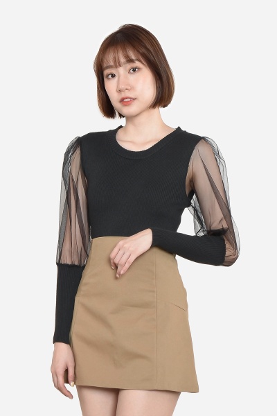 Alverta Puff Mesh Top - Black