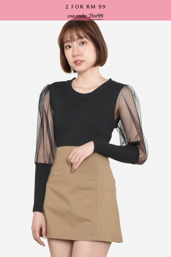 Alverta Puff Mesh Top - Black