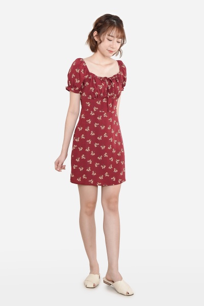 Louvenia Cinched Floral Dress - Wine