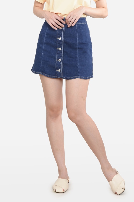 Leandra Scallop Denim Skort - Dark Blue