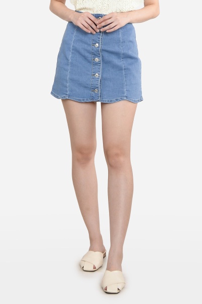Leandra Scallop Denim Skort - Light Blue