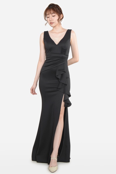Aretha Deep V Slit Dress - Black Aretha Deep V Slit Dress - Black
