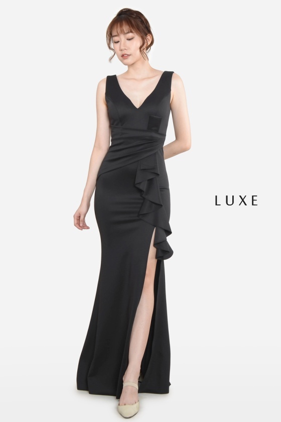 Aretha Deep V Slit Dress - Black