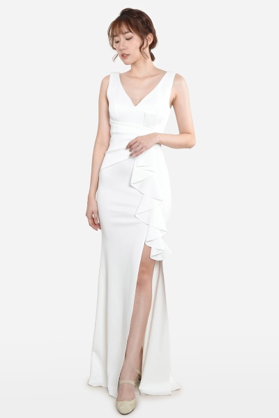 Aretha Deep V Slit Dress - White Aretha Deep V Slit Dress - White