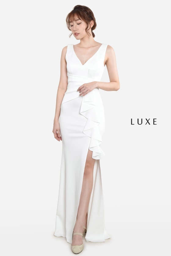 Aretha Deep V Slit Dress - White