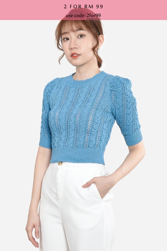Celestine Knitted Puff Sleeve Top - Blue
