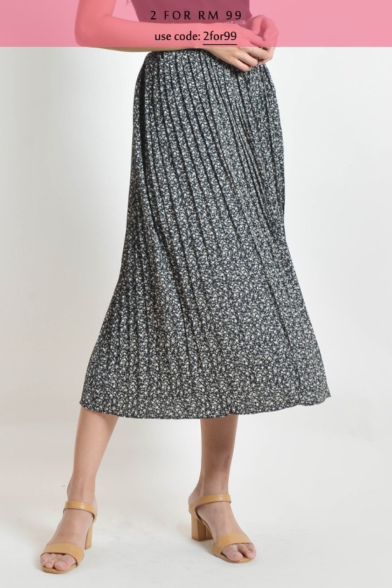 Katherine Floral Pleated Skirt - Black