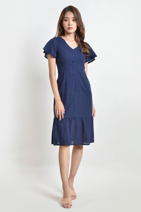 Annabelle Eyelet Flare Sleeve Midi Dress - Navy
