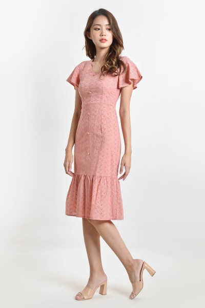 Annabelle Eyelet Flare Sleeve Midi Dress - Pink
