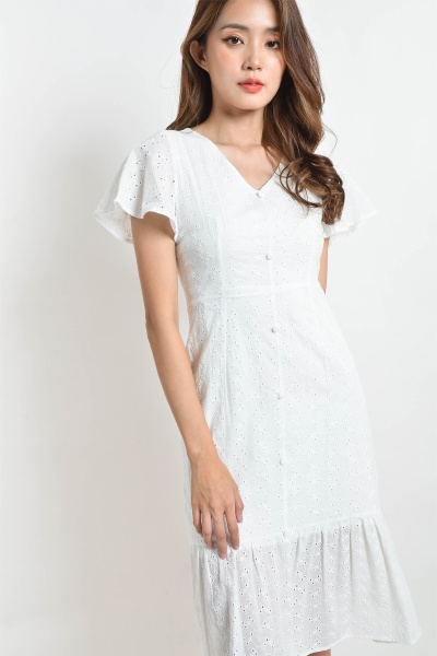 Annabelle Eyelet Flare Sleeve Midi Dress - White