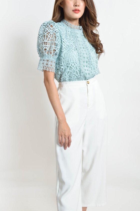 Dena Crochet Puff Sleeve Top - Teal