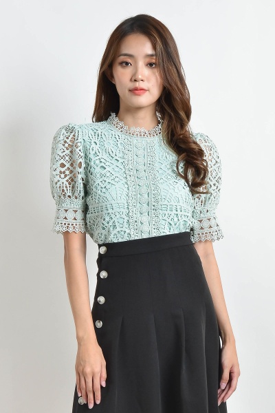 Dena Crochet Puff Sleeve Top - Mint