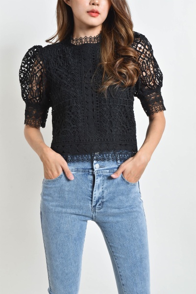 Dena Crochet Puff Sleeve Top - Black