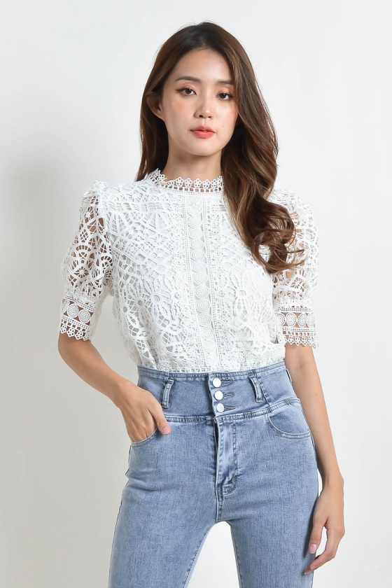 Dena Crochet Puff Sleeve Top - White