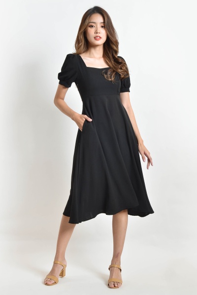 Karisa Square Neck Midi Dress - Black