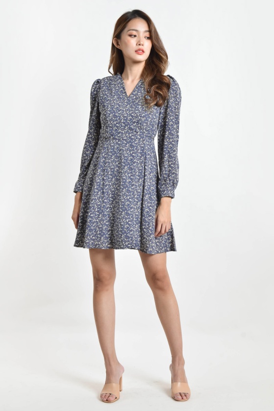 Tamekia Floral Wrap Dress - Ash Blue