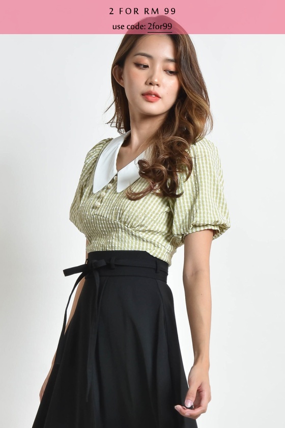 Malka Checker Babydoll Top - Green