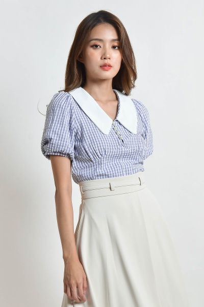 Malka Checker Babydoll Top - Blue