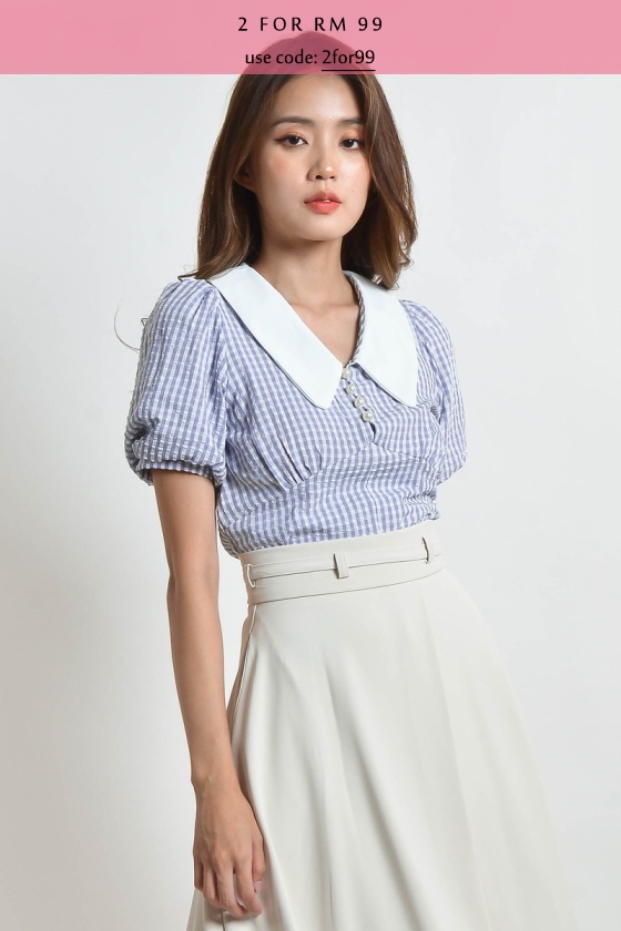 Malka Checker Babydoll Top - Blue