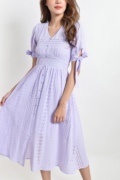 Tomika Eyelet Midi Dress - Purple