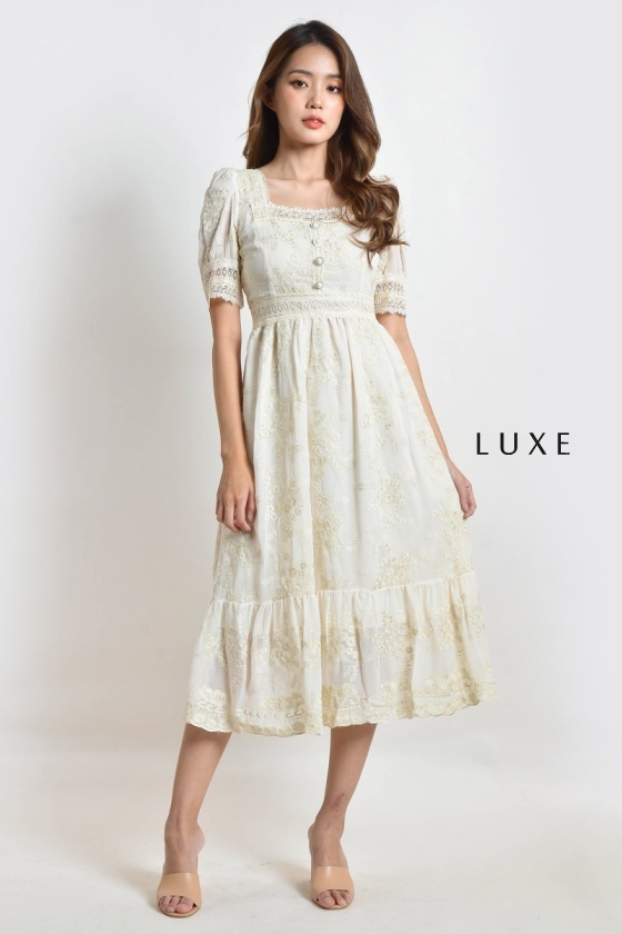 Jacqualine Square Neck Lace Dress - Cream