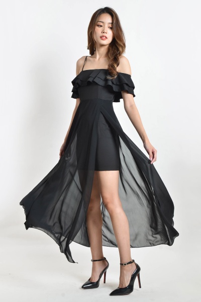 Vivien Ruffle Maxi Slit Dress - Black