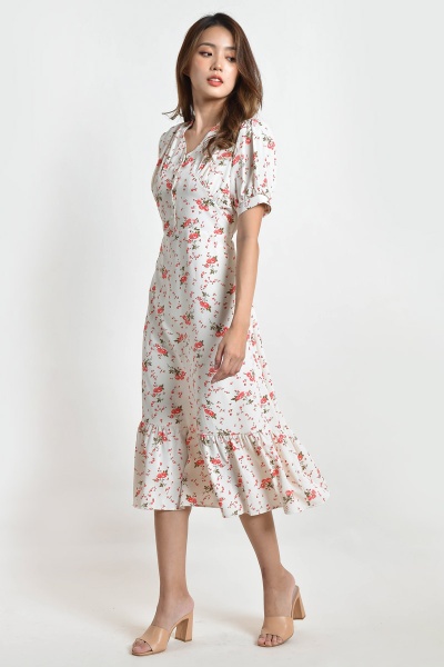 Suzy Floral Midi Dress - White