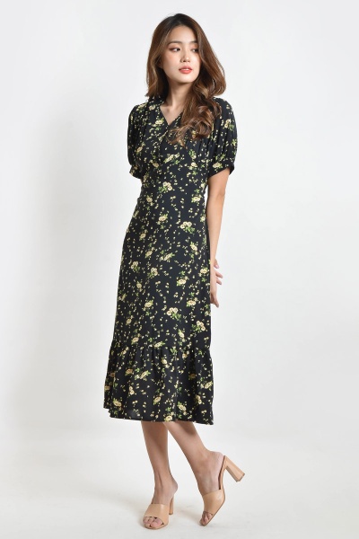 Suzy Floral Midi Dress - Black