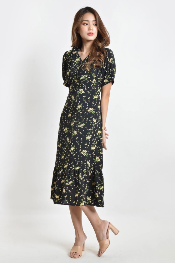 Suzy Floral Midi Dress - Black