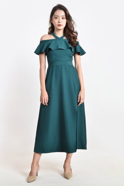 Kaylem Halter Slit Dress - Dark Cyan