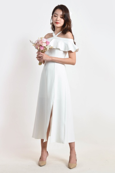 Kaylem Halter Slit Dress - White