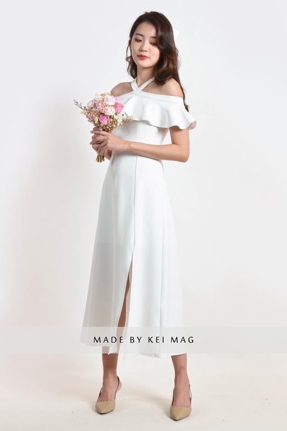 Kaylem Halter Slit Dress - White